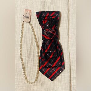 Red and Black Striped Tie with Heart Accent